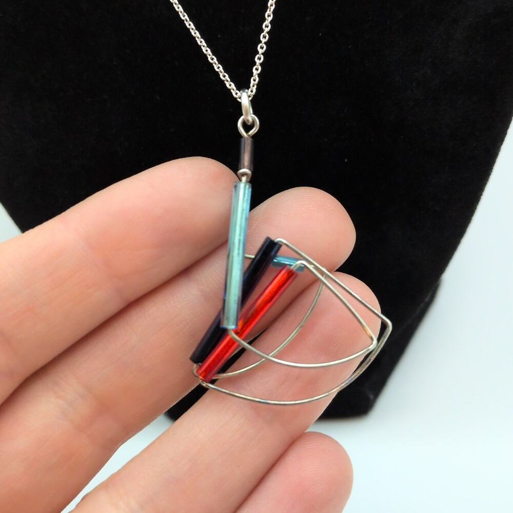 Barbie Levy Sterling Silver 925 Barb-Wire Geometric Art Colorful Glass Necklace - Picture 4 of 7